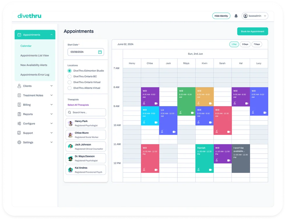 DiveThru admin appointments calendar view