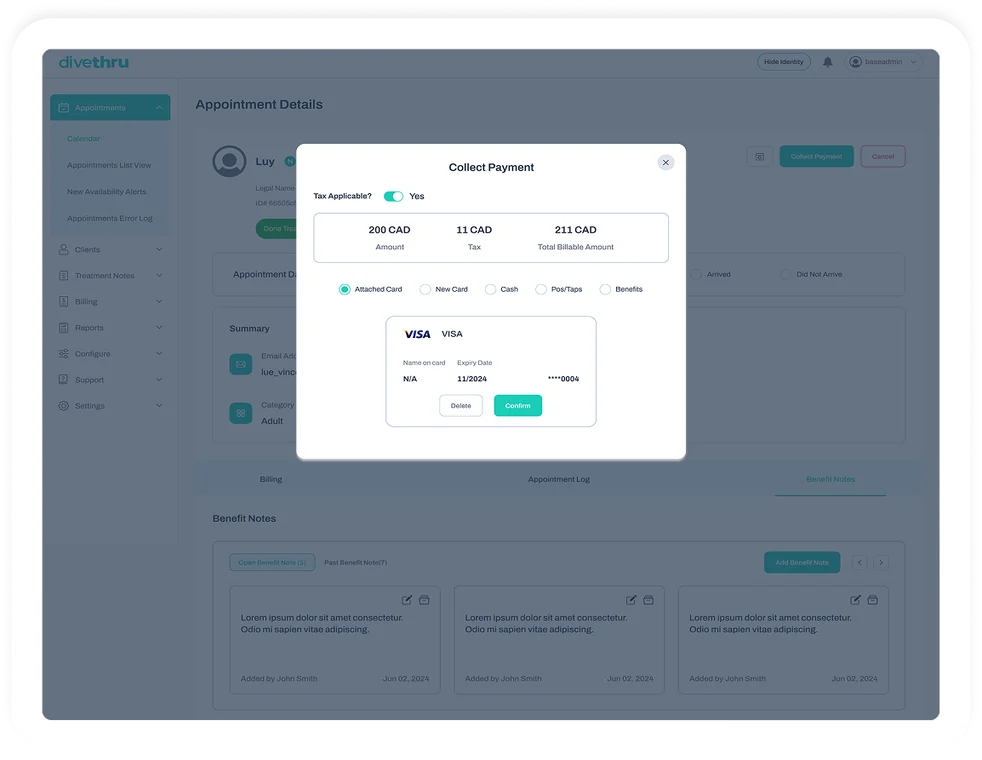 DiveThru admin appointment payment collection modal