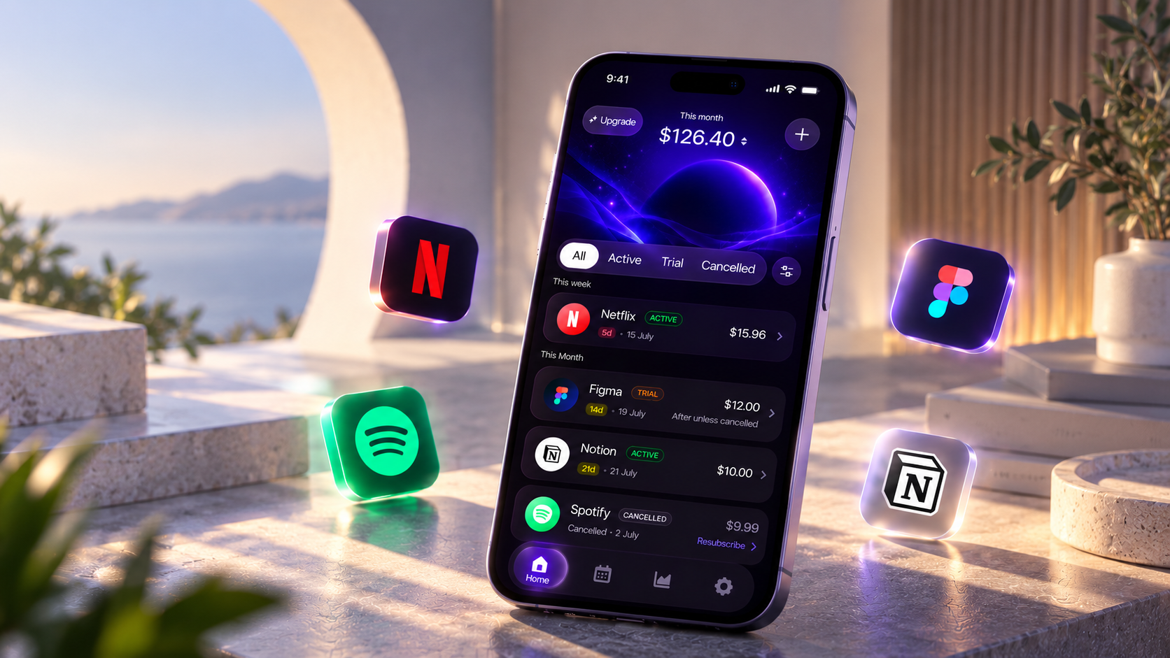 A phone showing the SubTranzo home screen with this month's $126.40 total and a list of upcoming subscription charges, surrounded by floating icons for connected apps like Netflix, Spotify, Figma, and Notion